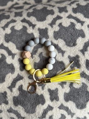 Yellow and Gray Beaded Wristlet Keychain with Tassel